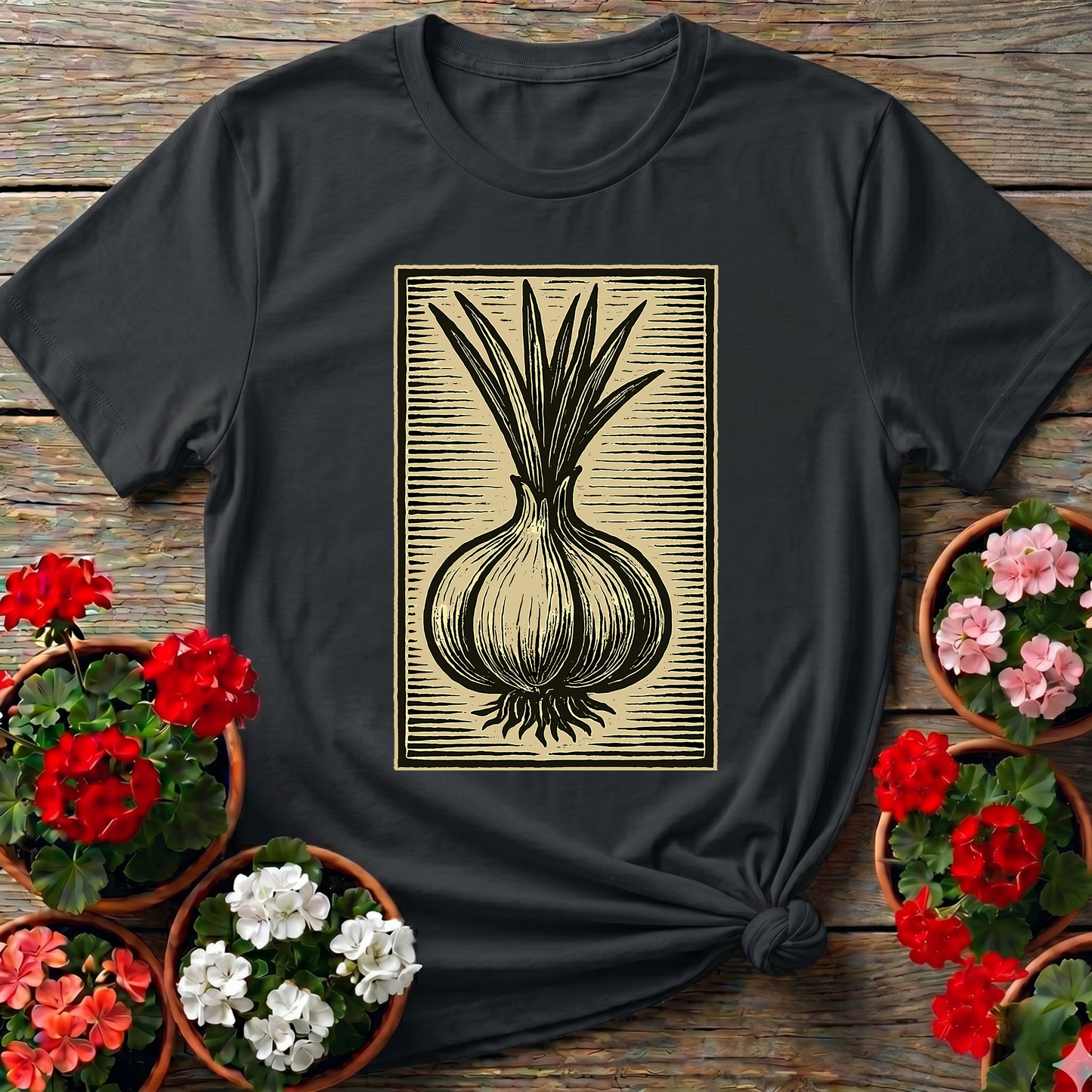 Vintage Onion Linocut Art Gardening T-Shirt