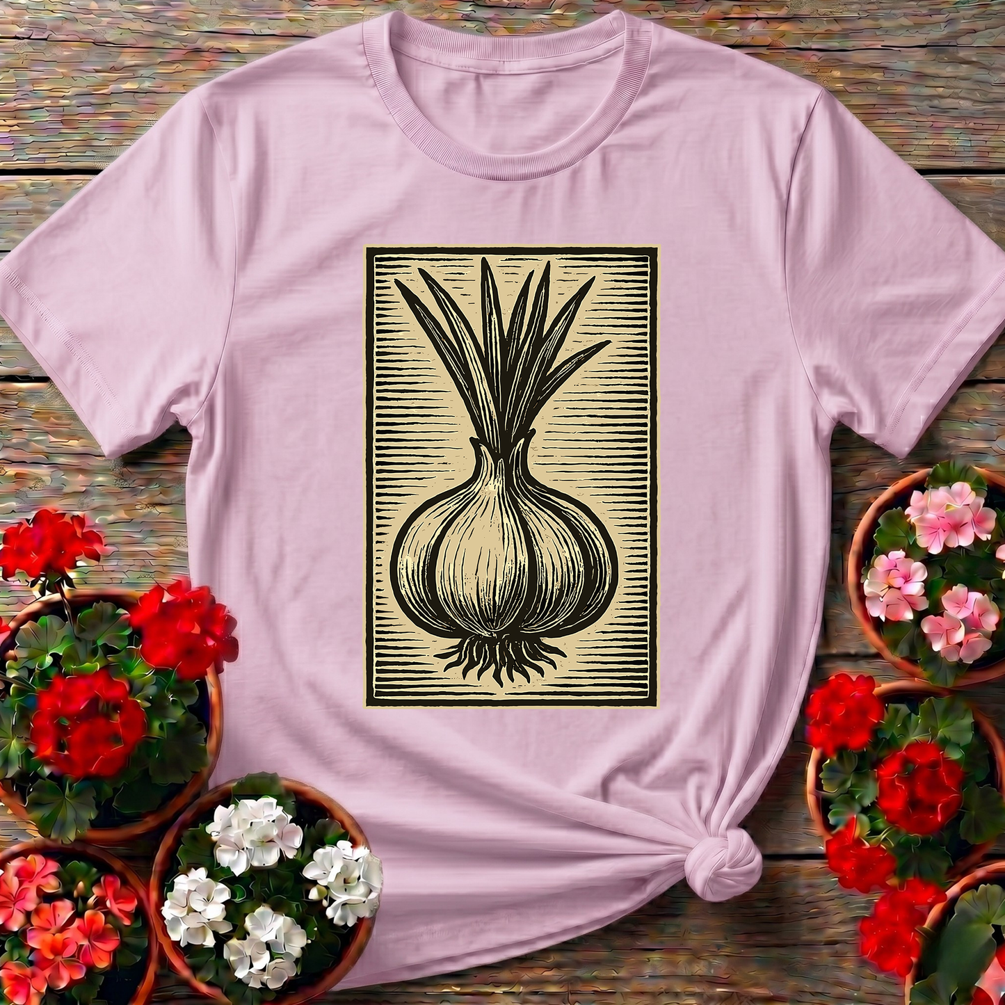 Vintage Onion Linocut Art Gardening T-Shirt