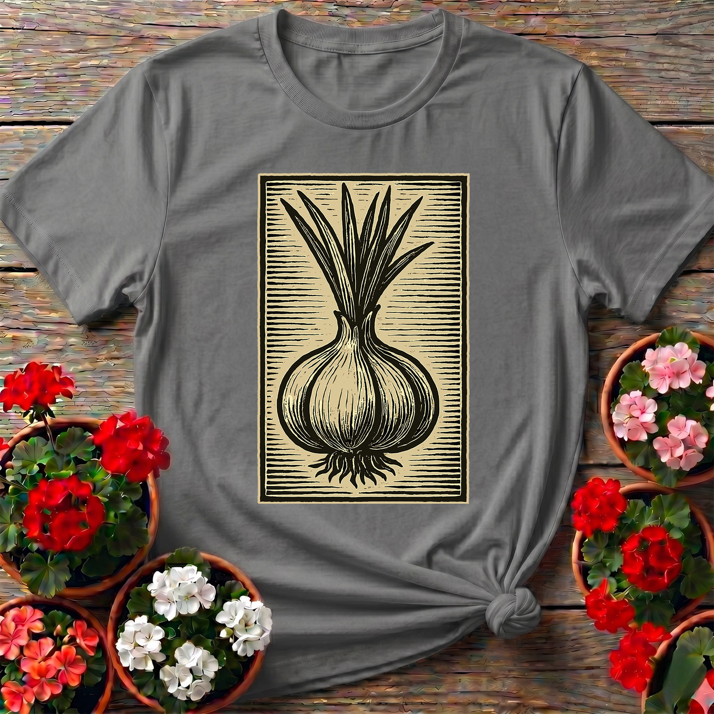 Vintage Onion Linocut Art Gardening T-Shirt
