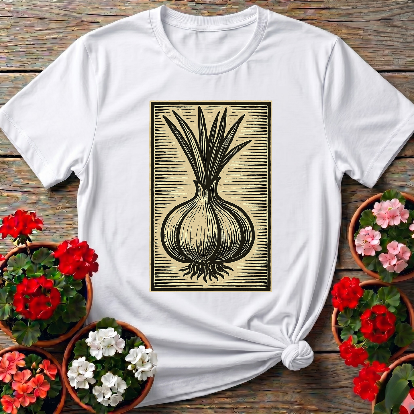 Vintage Onion Linocut Art Gardening T-Shirt
