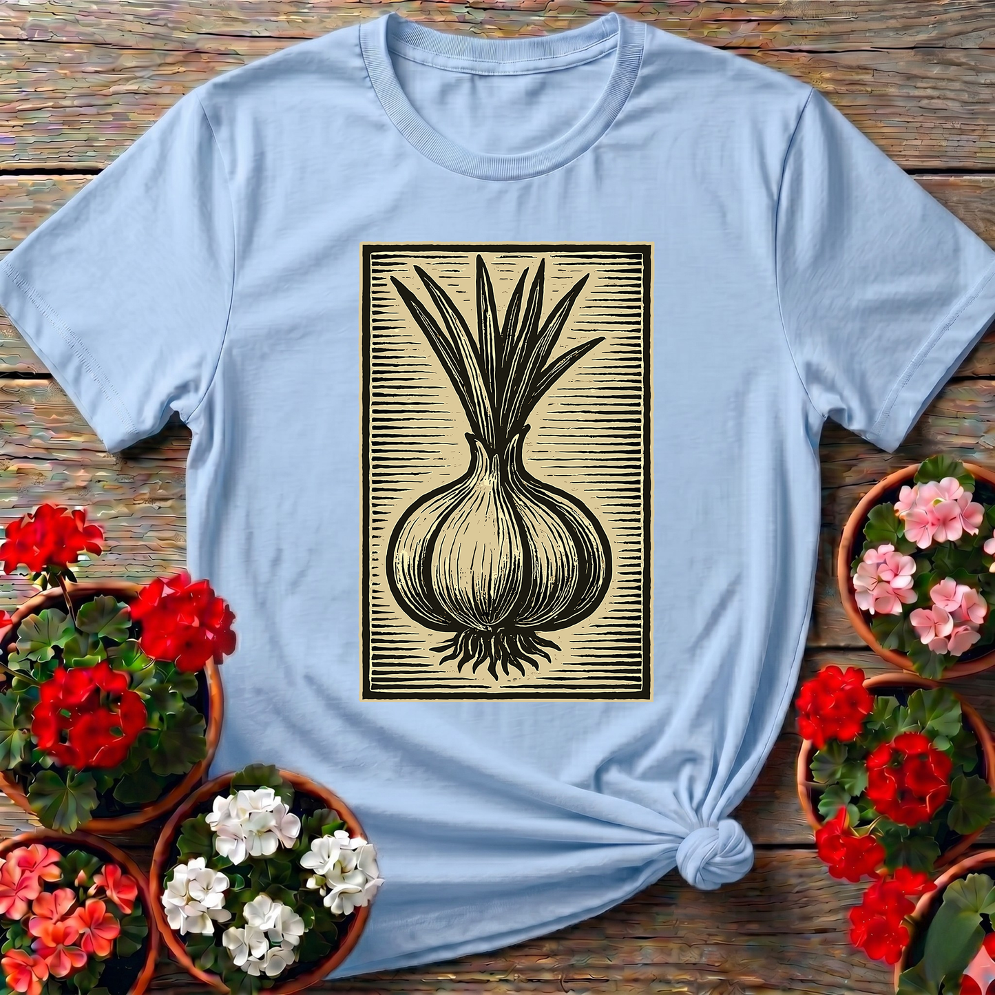Vintage Onion Linocut Art Gardening T-Shirt