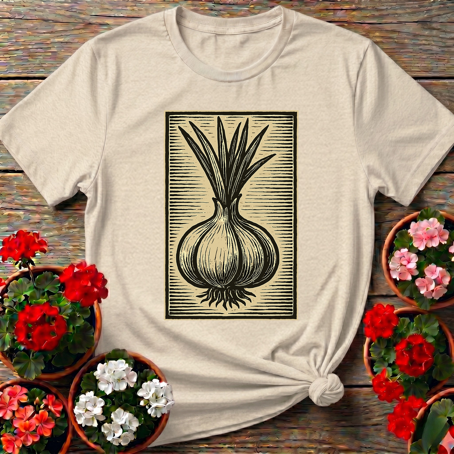Vintage Onion Linocut Art Gardening T-Shirt