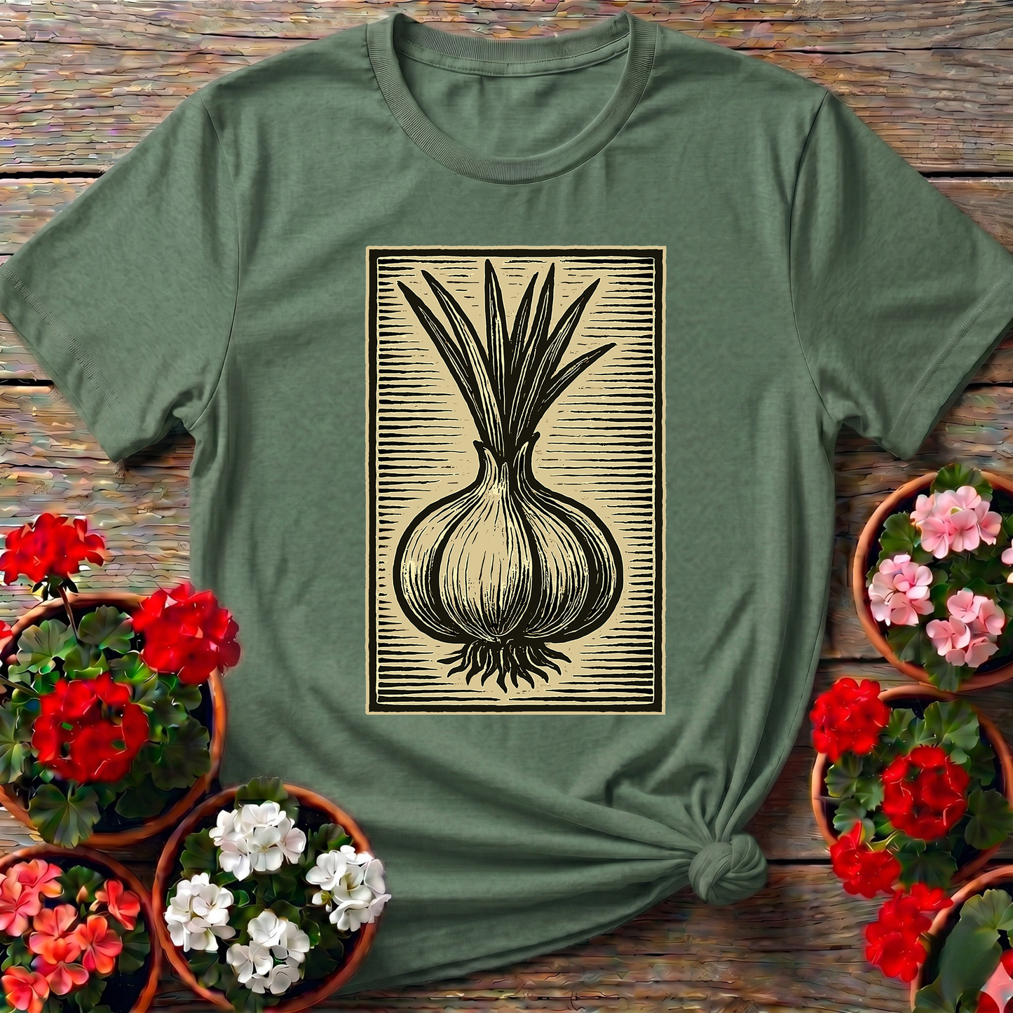 Vintage Onion Linocut Art Gardening T-Shirt