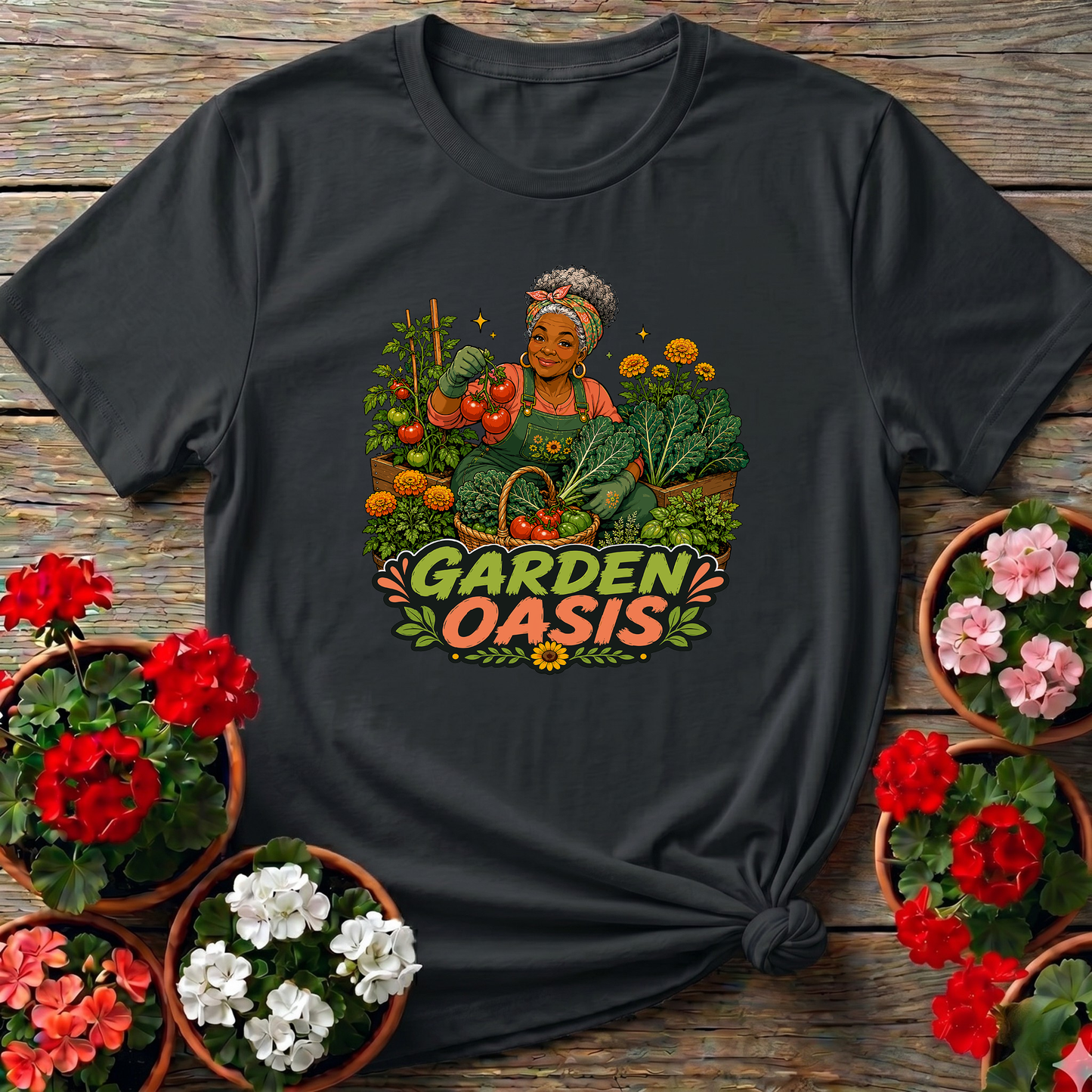 Garden Oasis Black Woman Gardener Vegetable Garden Tee