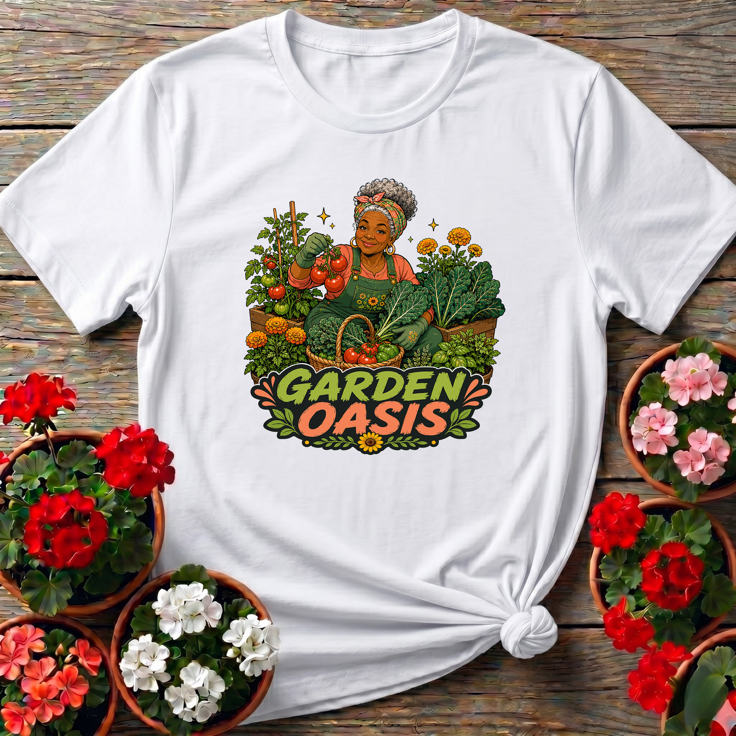 Garden Oasis Black Woman Gardener Vegetable Garden Tee