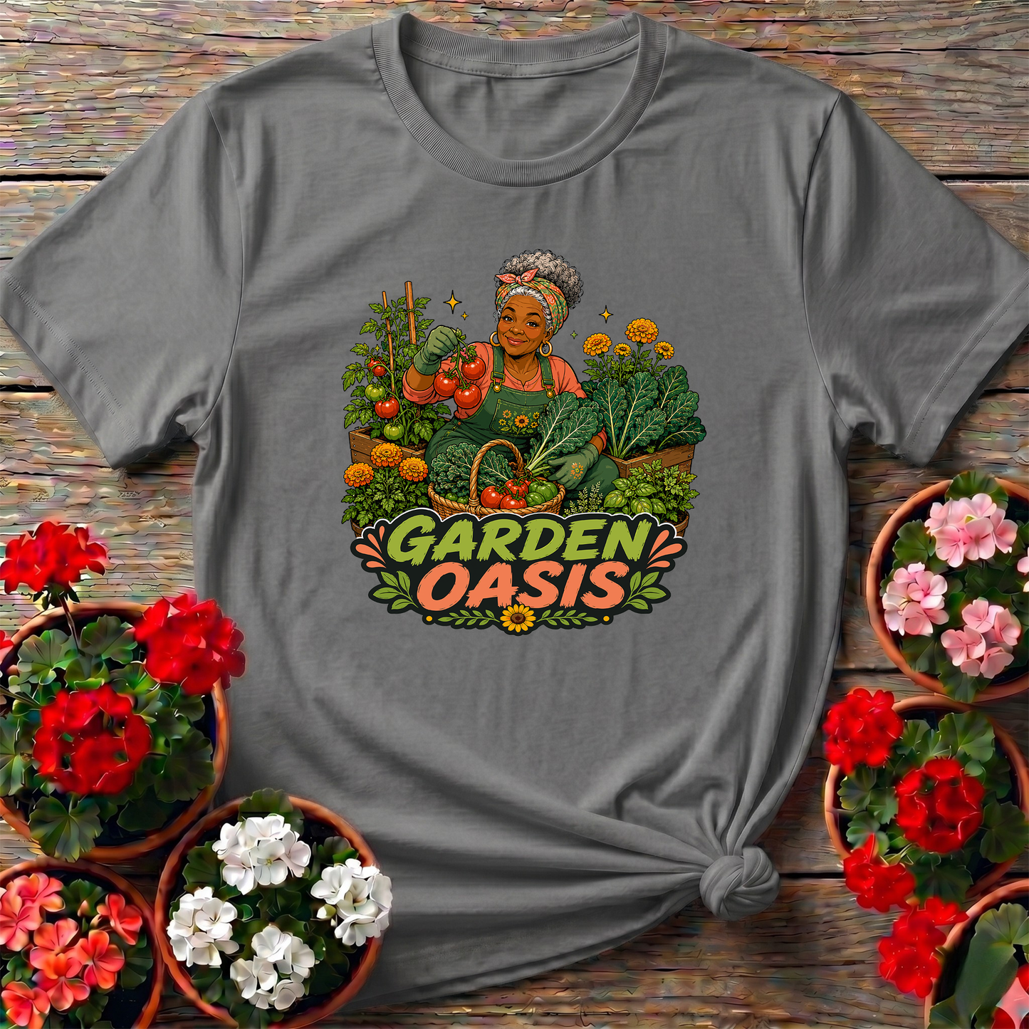 Garden Oasis Black Woman Gardener Vegetable Garden Tee