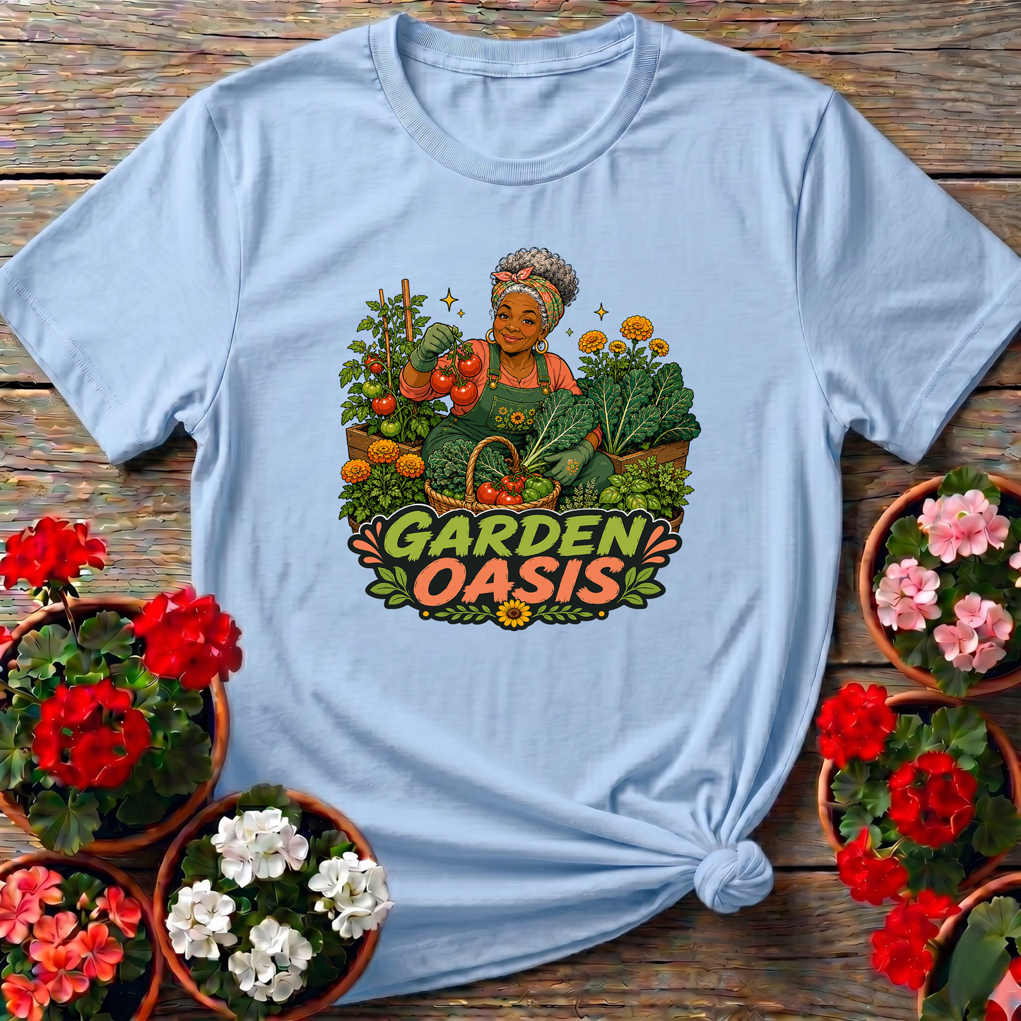 Garden Oasis Black Woman Gardener Vegetable Garden Tee