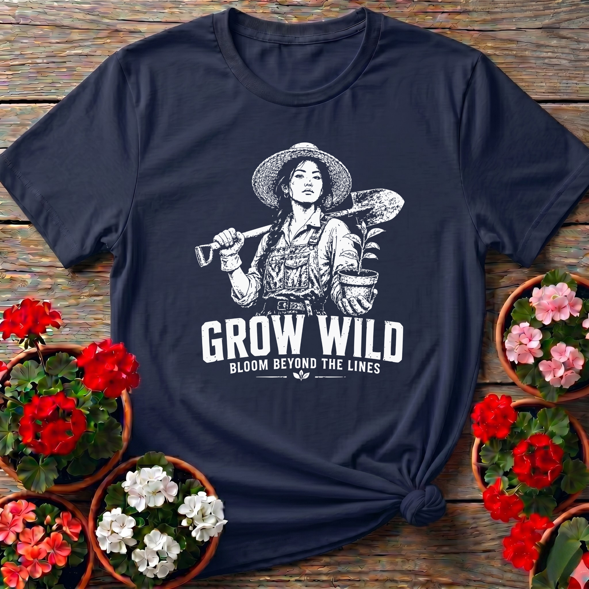 Navy bold vintage graphic gardening tee "Grow Wild Bloom Beyond the Lines" for women who grow their own
