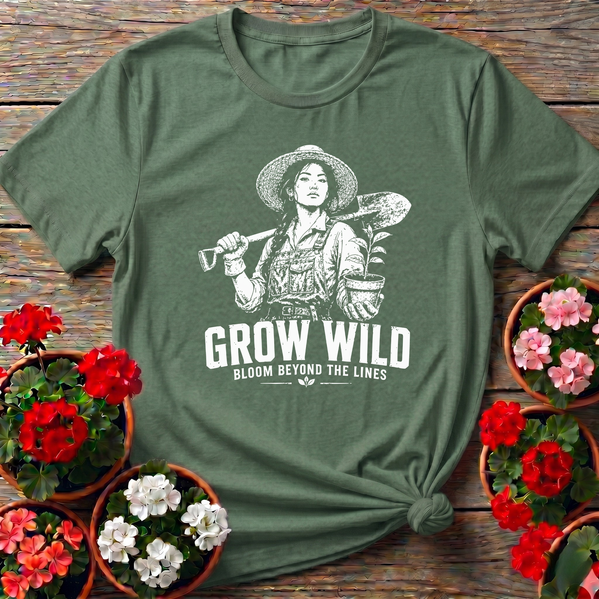Military Green workwear-inspired botanical gardening tee "Grow Wild Bloom Beyond the Lines" for outdoor plant lovers