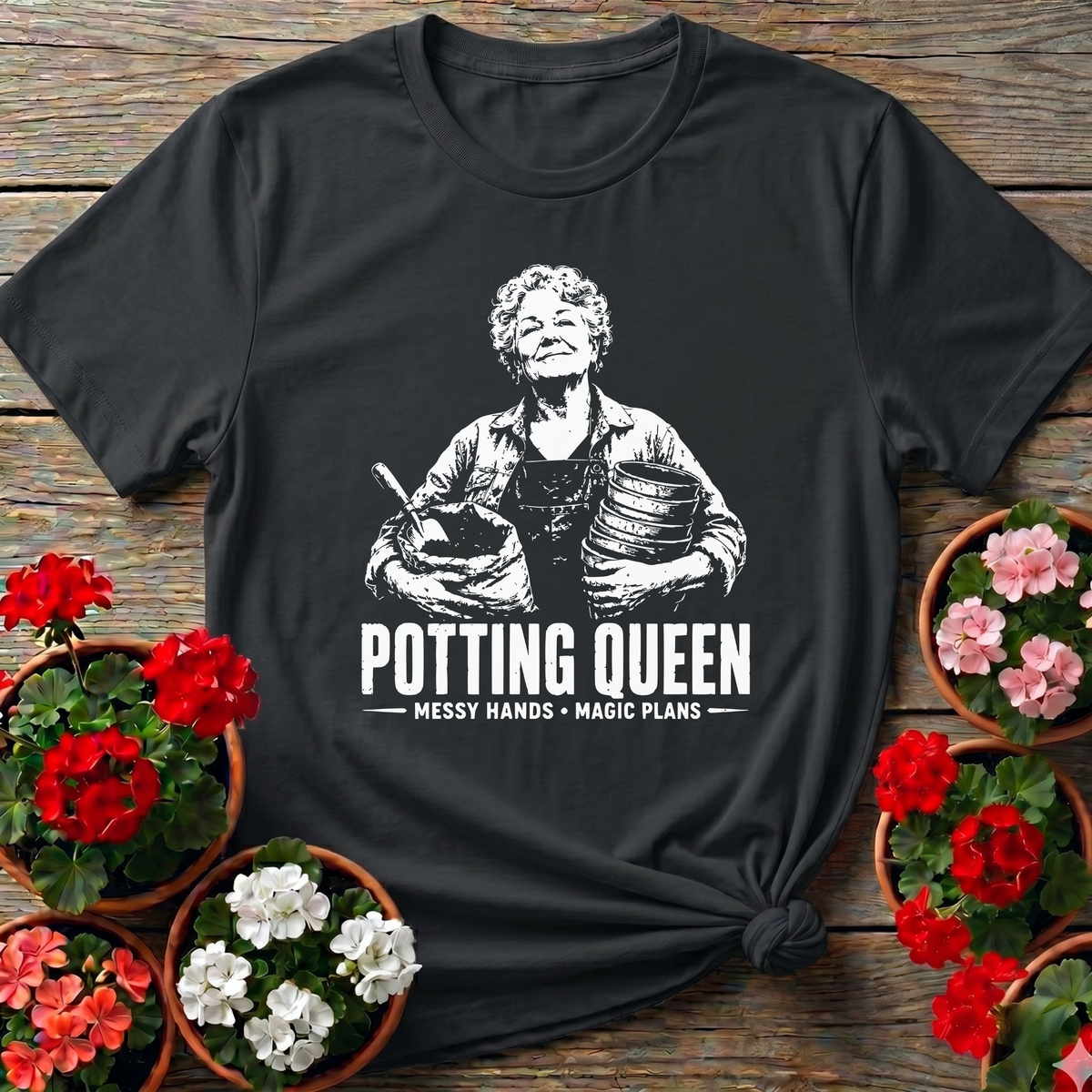 Black vintage portrait gardening tee "Potting Queen Messy Hands Magic Plans" for container gardeners