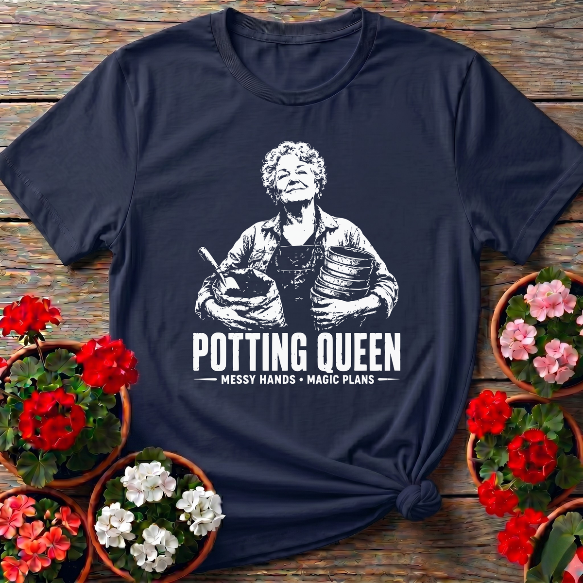 Navy classic heritage style gardening tee "Potting Queen Messy Hands Magic Plans" for seasoned gardeners