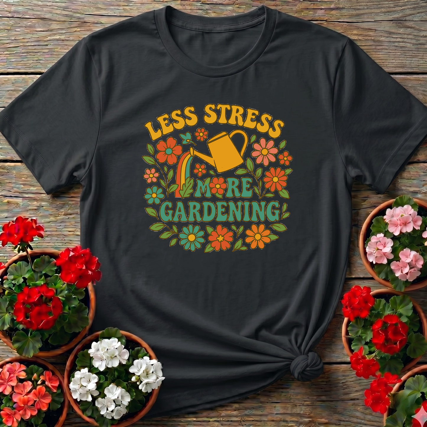 Less Stress More Gardening Floral Retro Gardening Tee