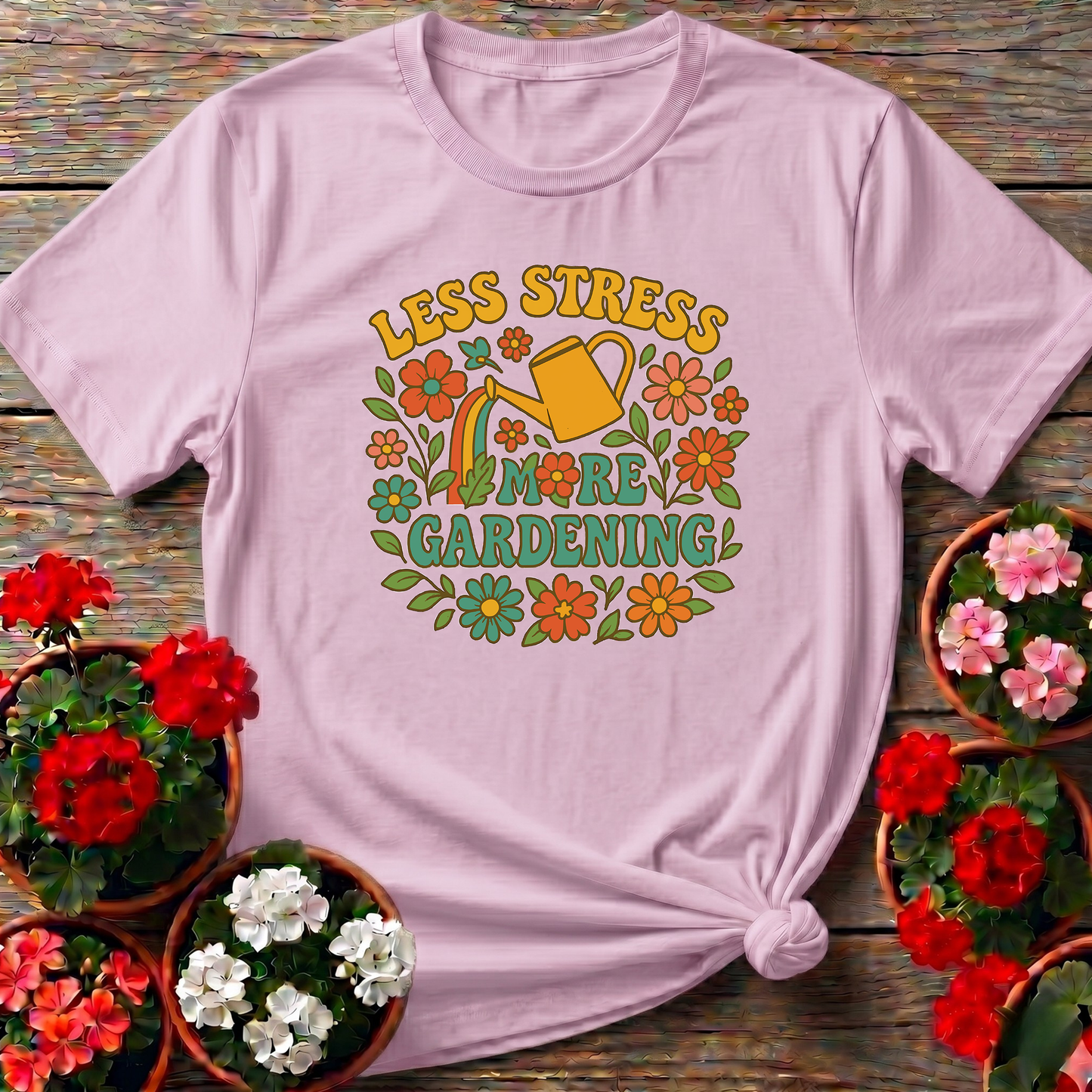Less Stress More Gardening Floral Retro Gardening Tee