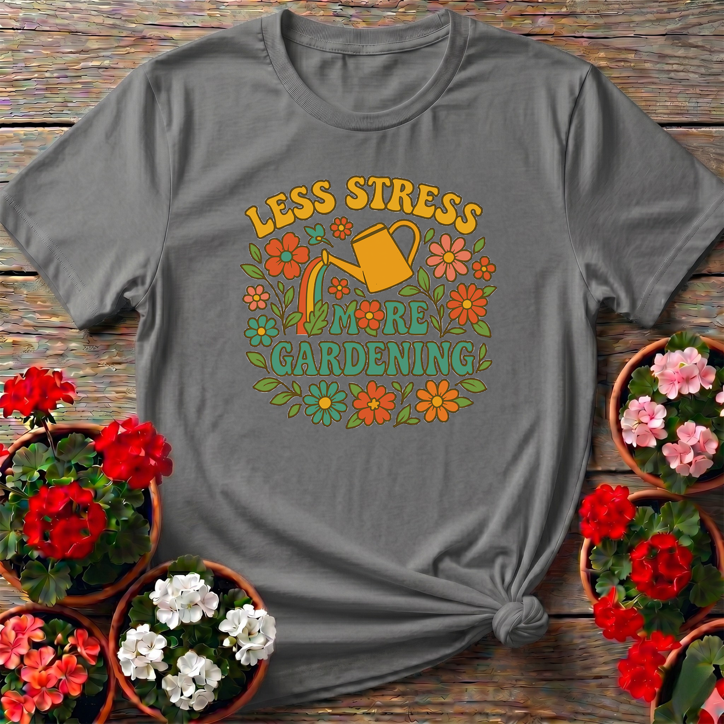 Less Stress More Gardening Floral Retro Gardening Tee