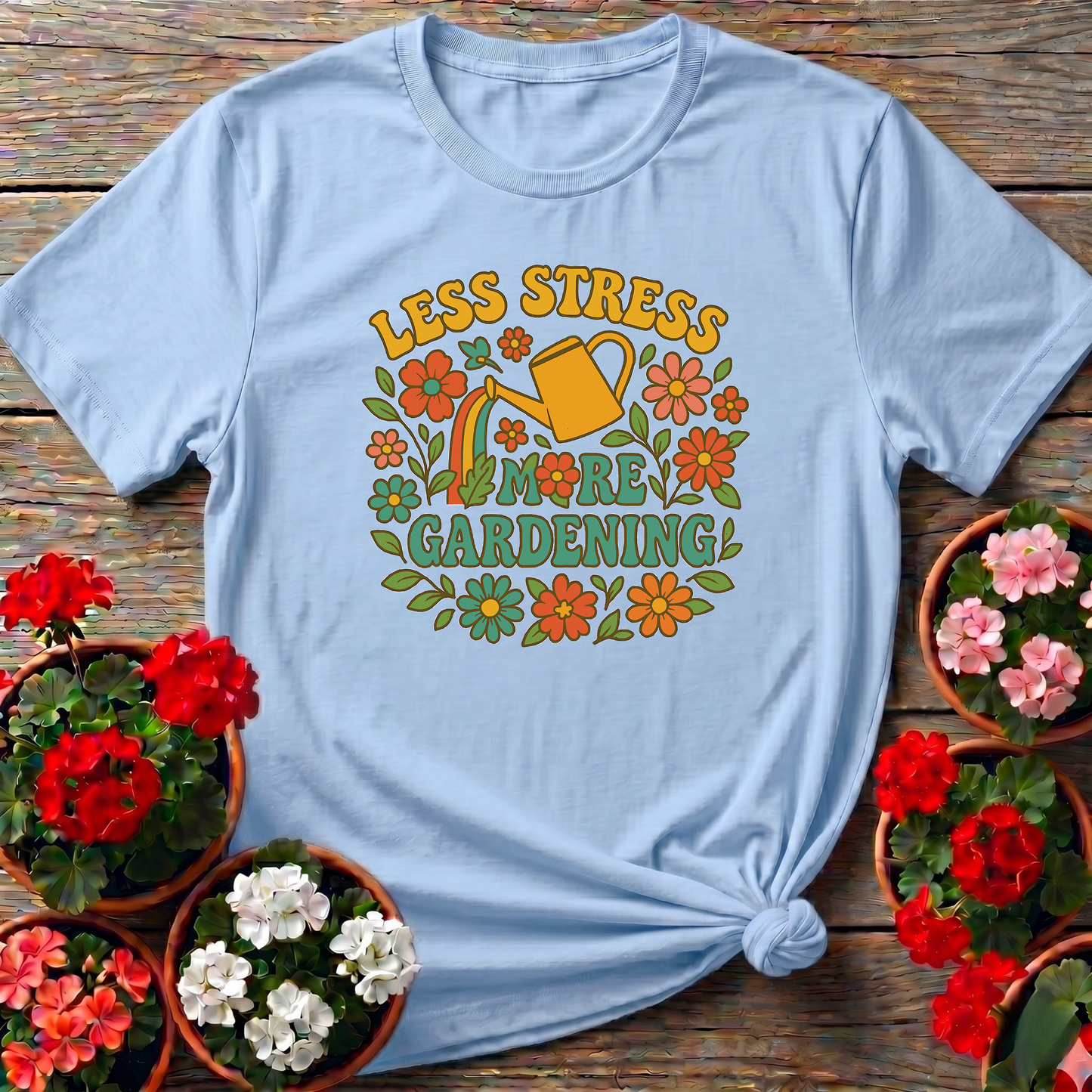 Less Stress More Gardening Floral Retro Gardening Tee