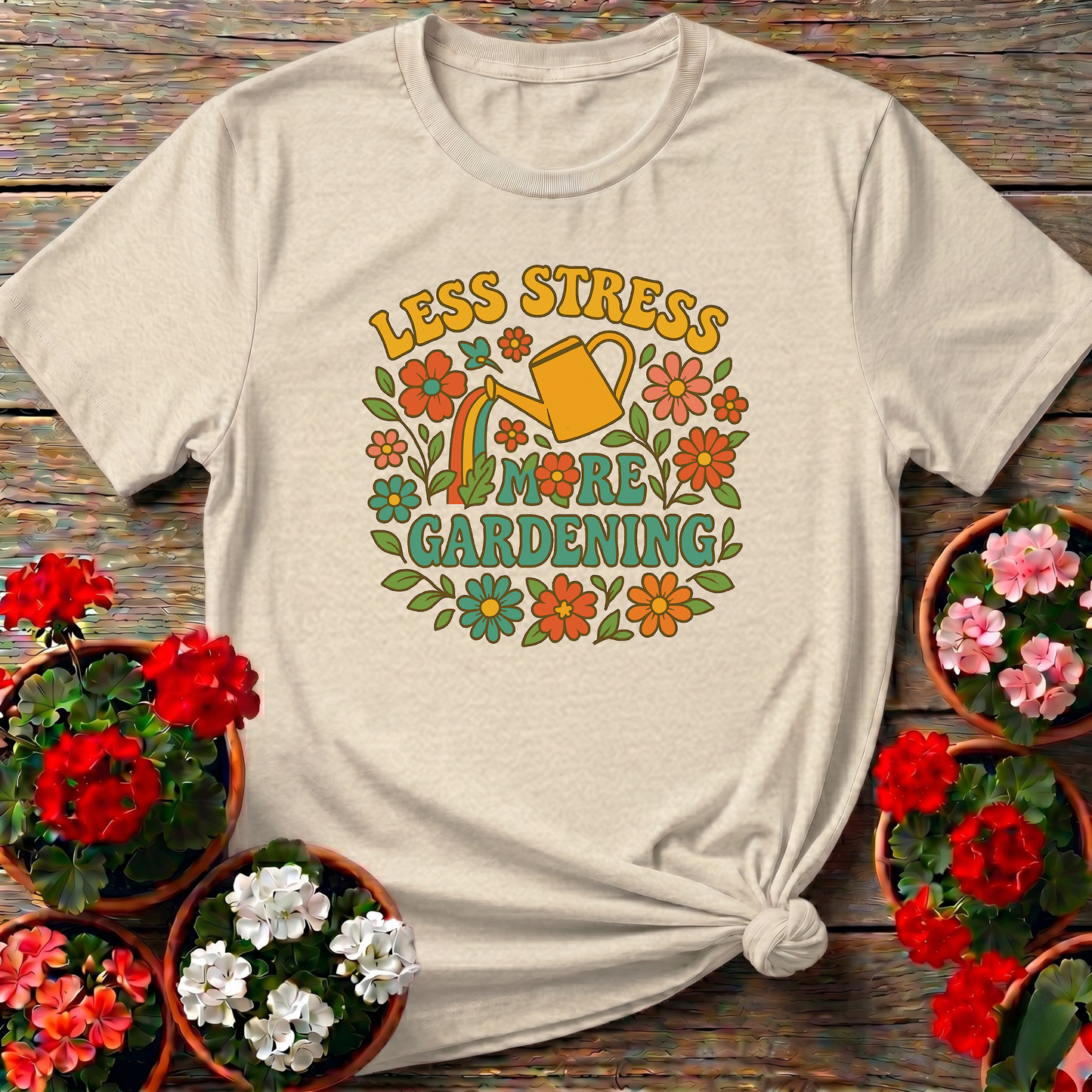 Less Stress More Gardening Floral Retro Gardening Tee