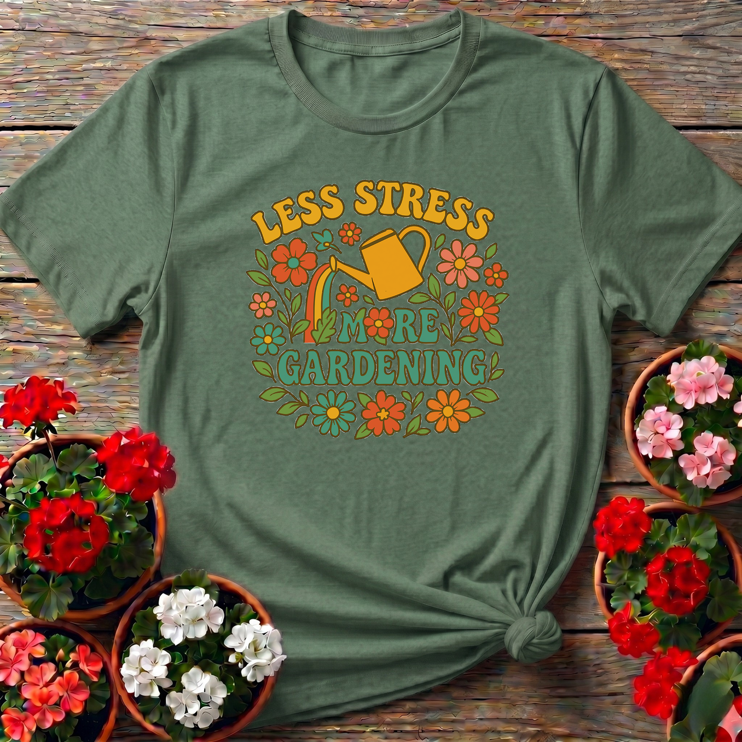 Less Stress More Gardening Floral Retro Gardening Tee