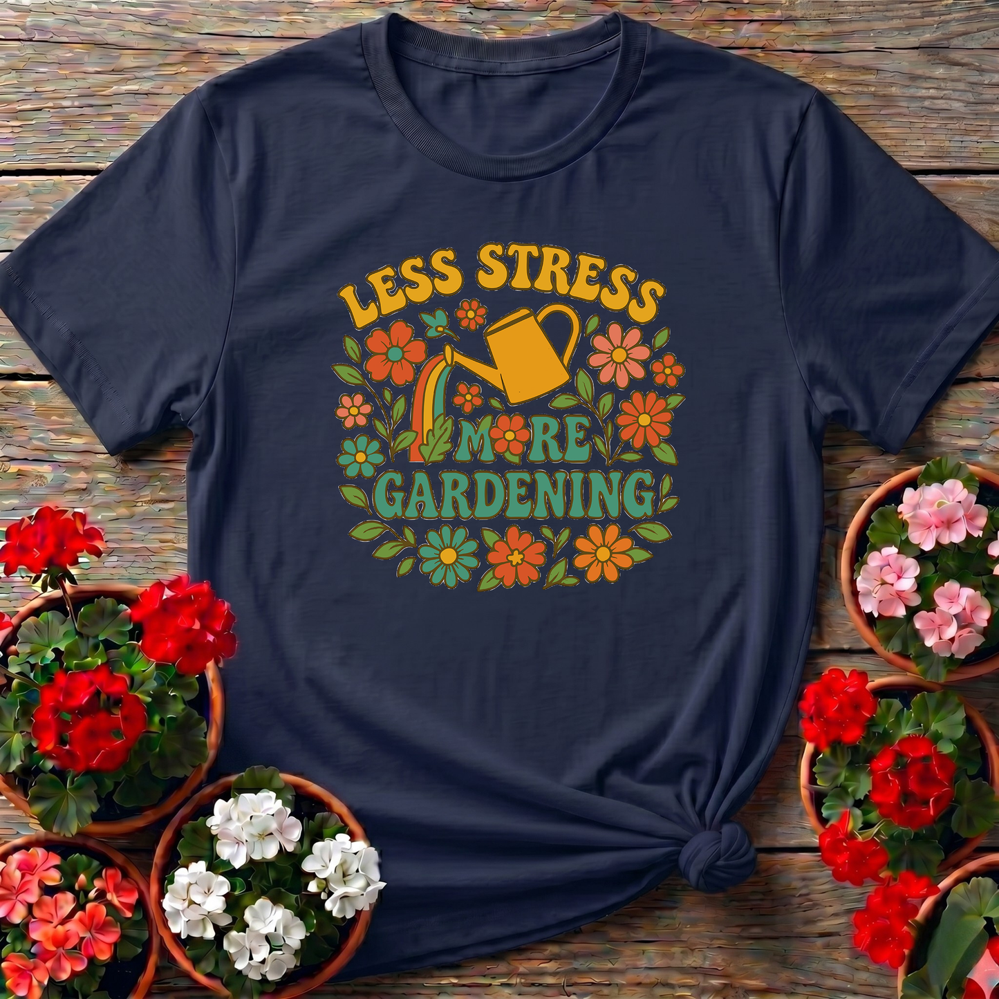 Less Stress More Gardening Floral Retro Gardening Tee
