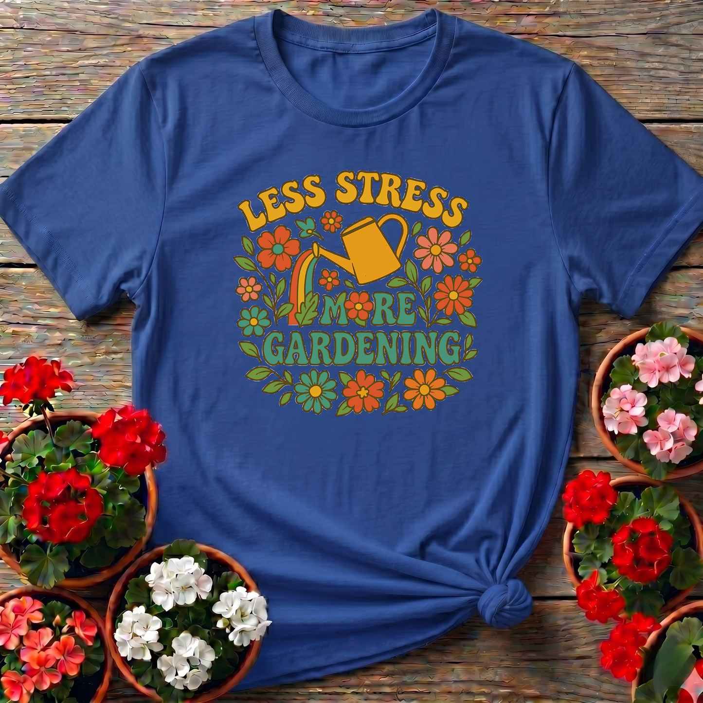 Less Stress More Gardening Floral Retro Gardening Tee