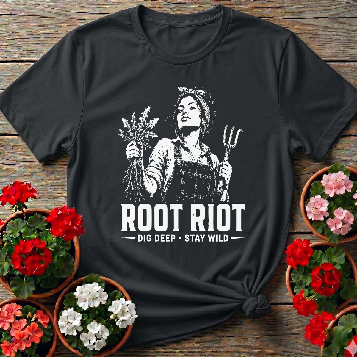 Black vintage woodcut gardening tee "Root Riot Dig Deep Stay Wild" for bold wild-hearted gardeners