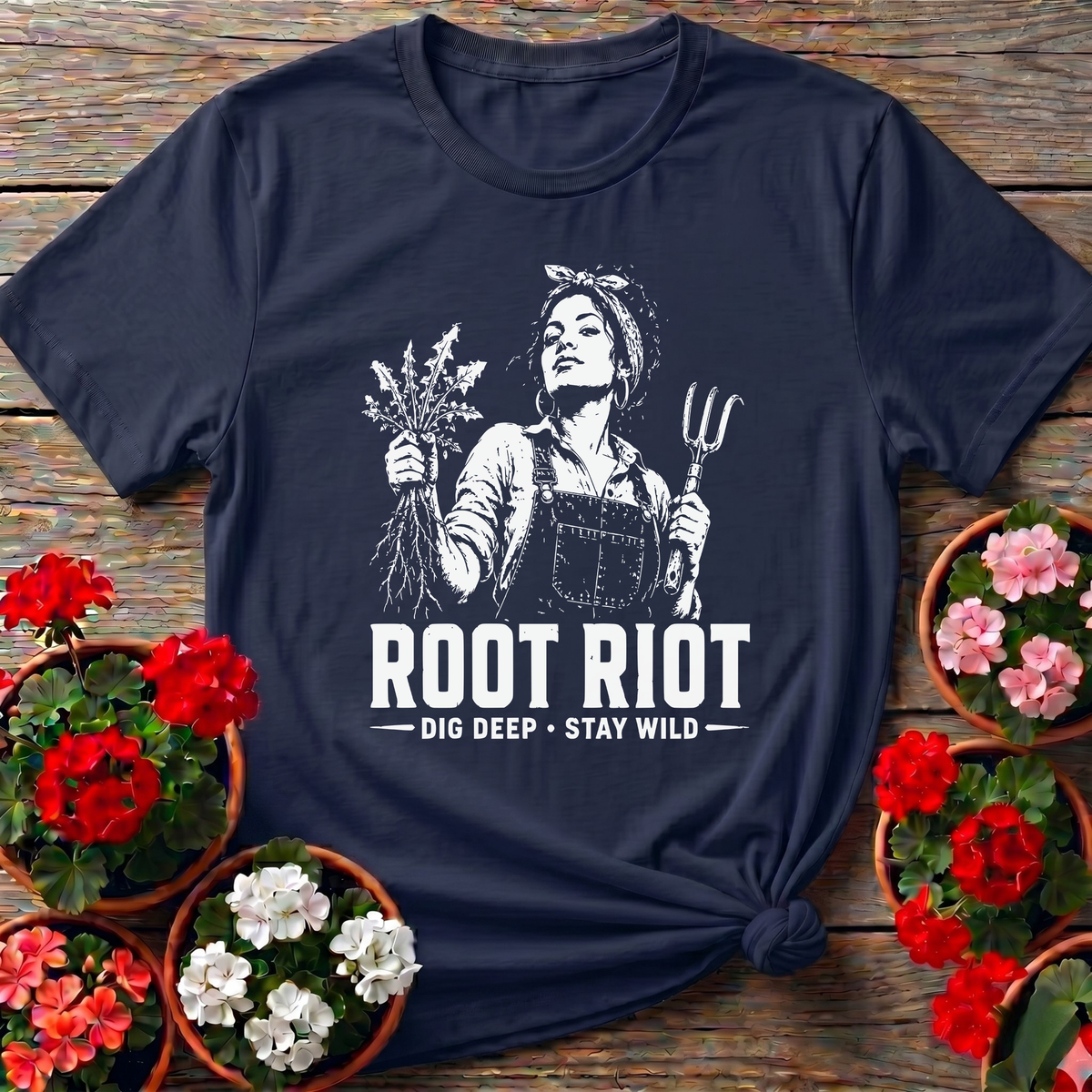 Navy rugged cottagecore gardening t-shirt "Root Riot Dig Deep Stay Wild" for women who grow their own