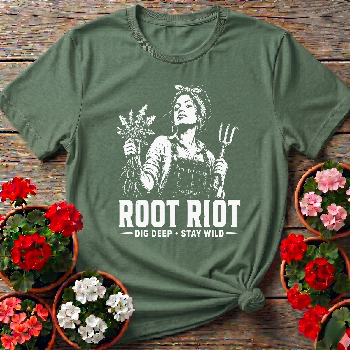 Military Green retro homesteader gardening tee "Root Riot Dig Deep Stay Wild" for dirt-under-nails gardeners
