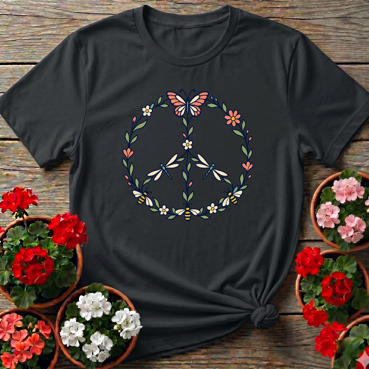 Pollinator Peace Sign Floral Garden T-Shirt