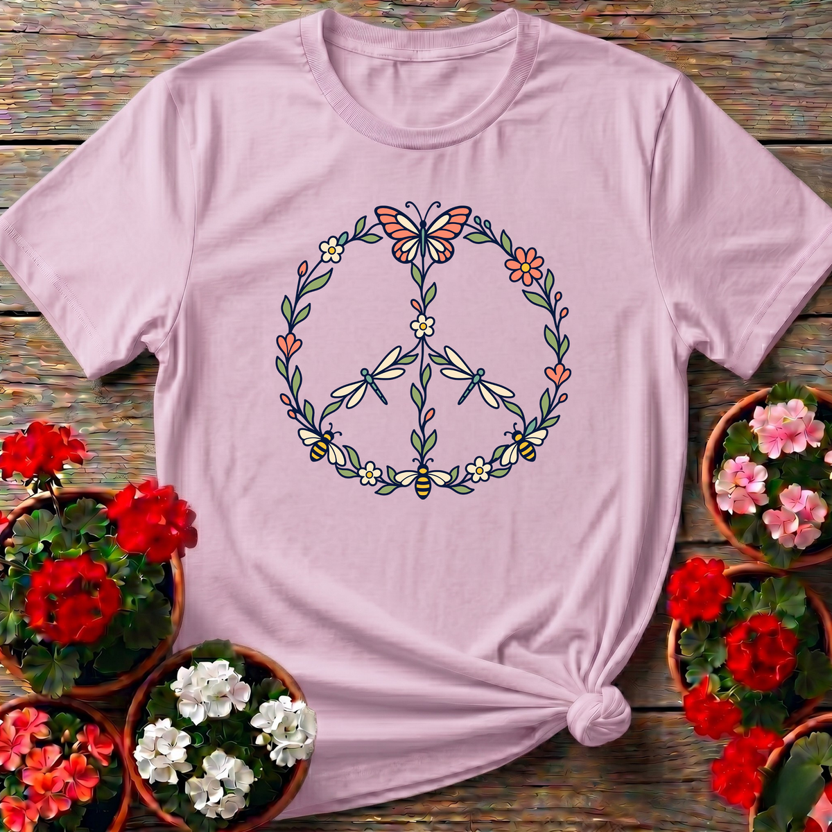 Pollinator Peace Sign Floral Garden T-Shirt