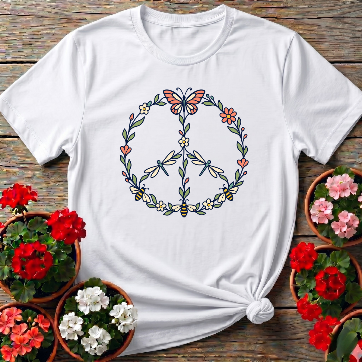 Pollinator Peace Sign Floral Garden T-Shirt
