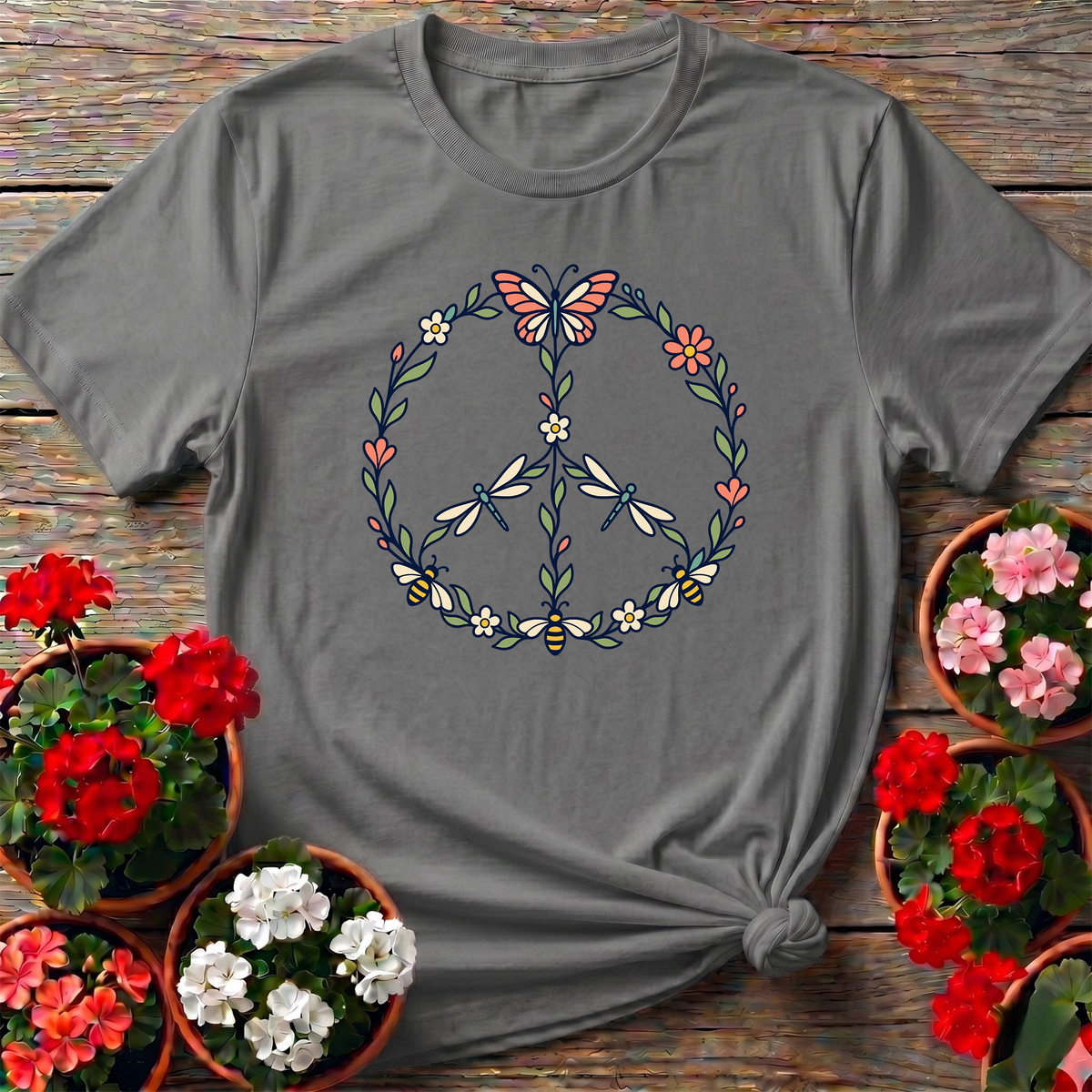 Pollinator Peace Sign Floral Garden T-Shirt