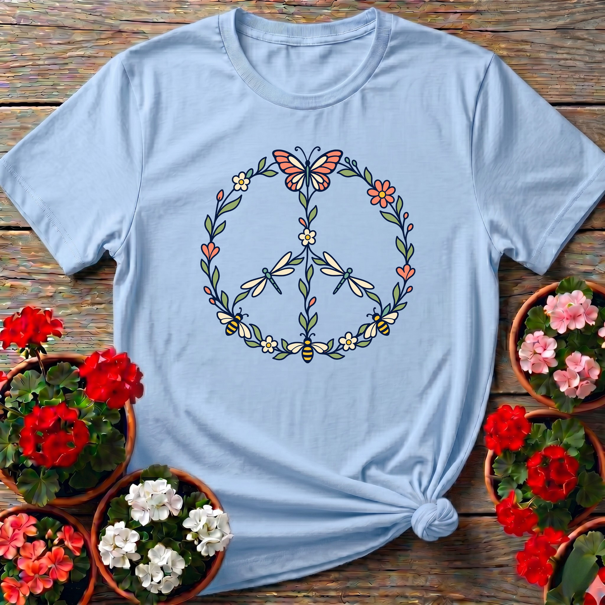 Pollinator Peace Sign Floral Garden T-Shirt