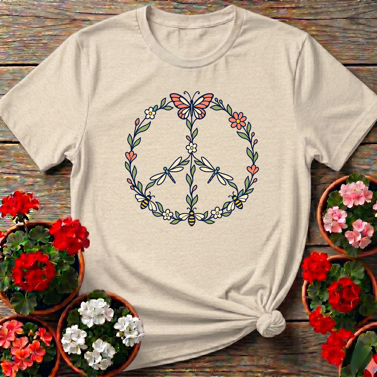 Pollinator Peace Sign Floral Garden T-Shirt