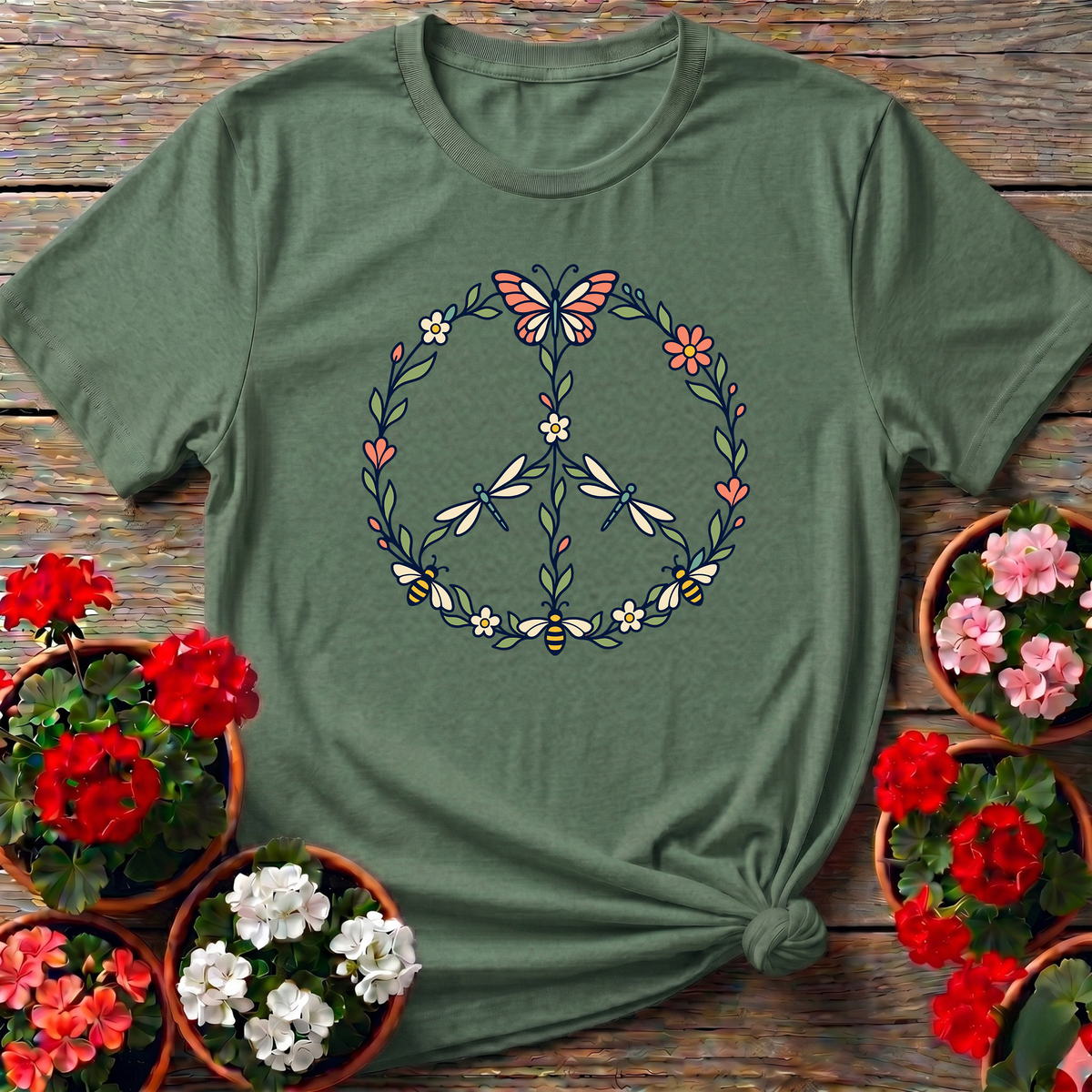 Pollinator Peace Sign Floral Garden T-Shirt