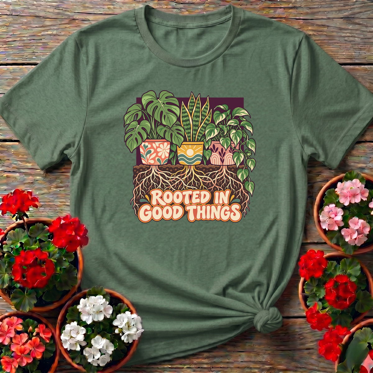 Rooted In Good Things Houseplant Gardening T-Shirt