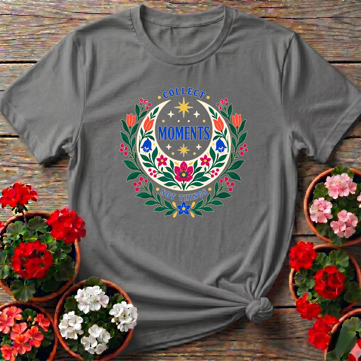 Collect Moments Not Things Floral Moon Gardening Tee