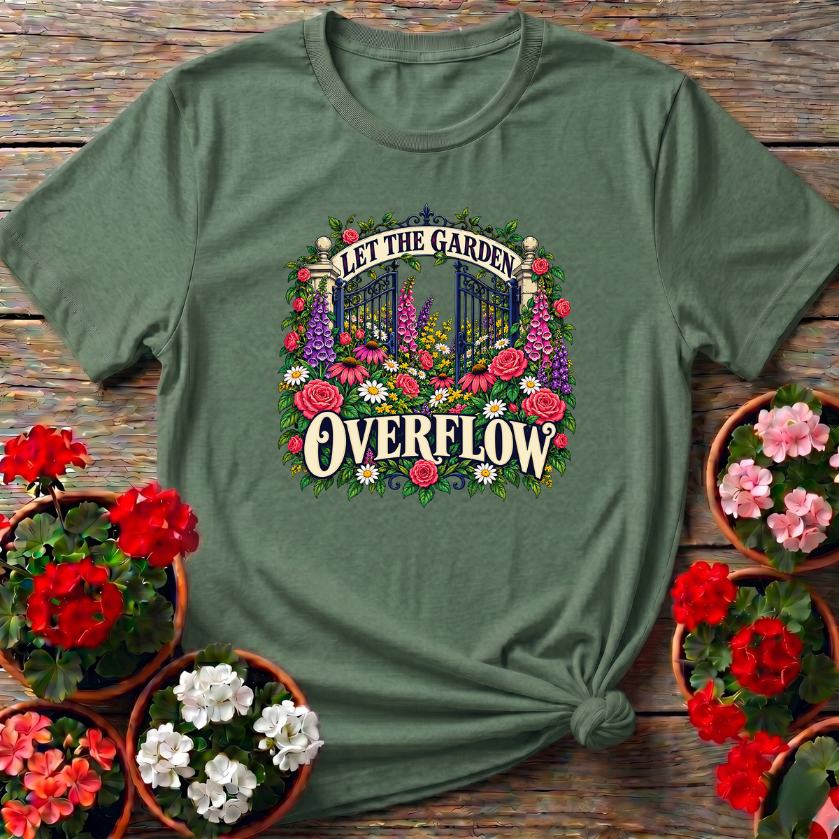 Let the Garden Overflow Floral Gate Gardening T-Shirt