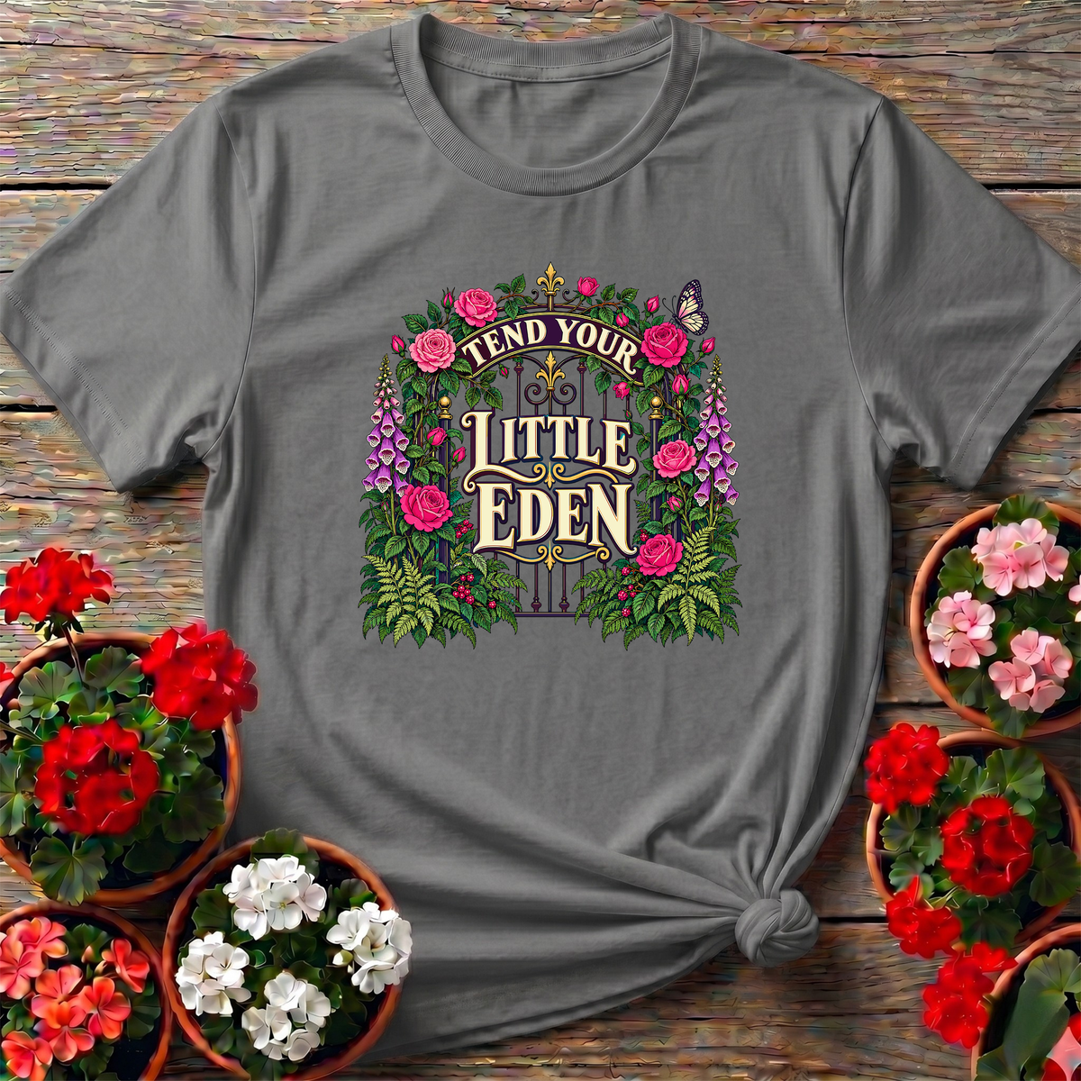Tend Your Little Eden Floral Garden Gate T-Shirt