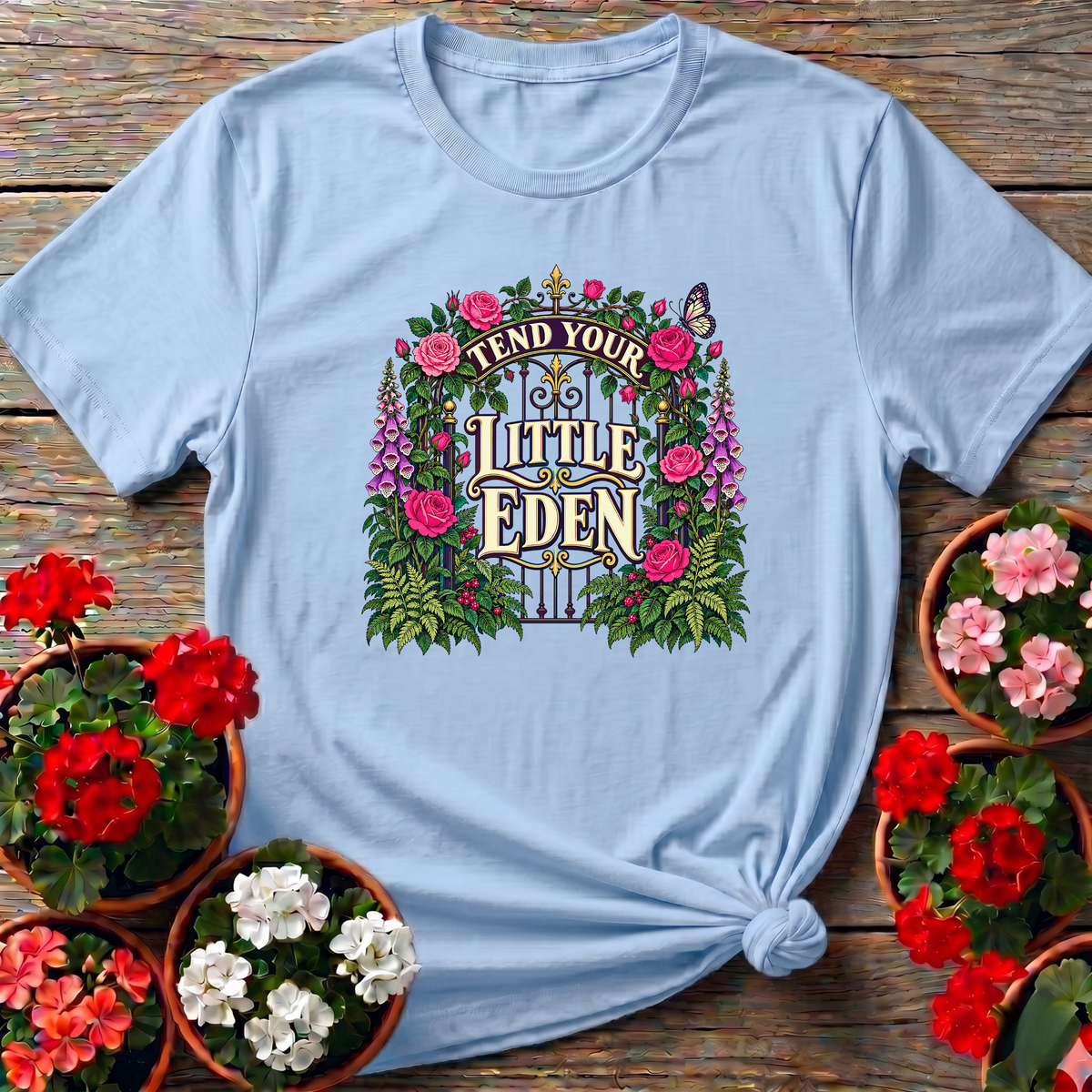 Tend Your Little Eden Floral Garden Gate T-Shirt