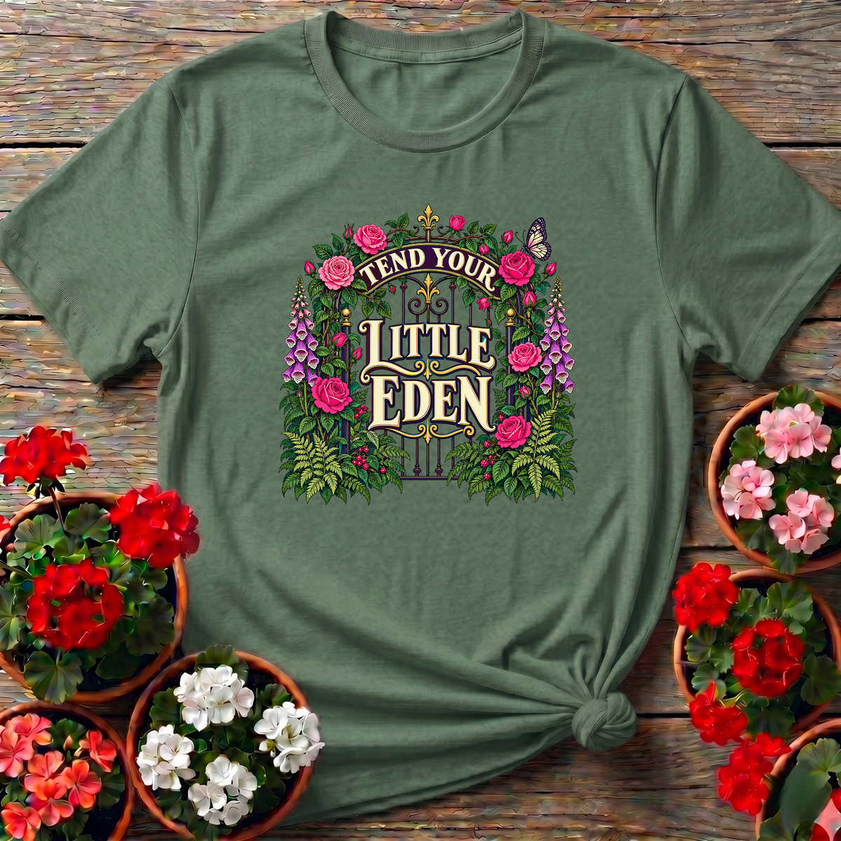 Tend Your Little Eden Floral Garden Gate T-Shirt