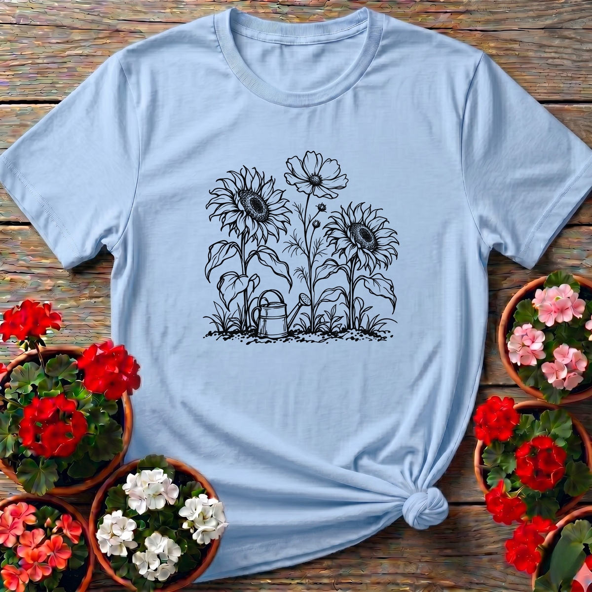 Sunflower Garden Line Art Gardening T-Shirt