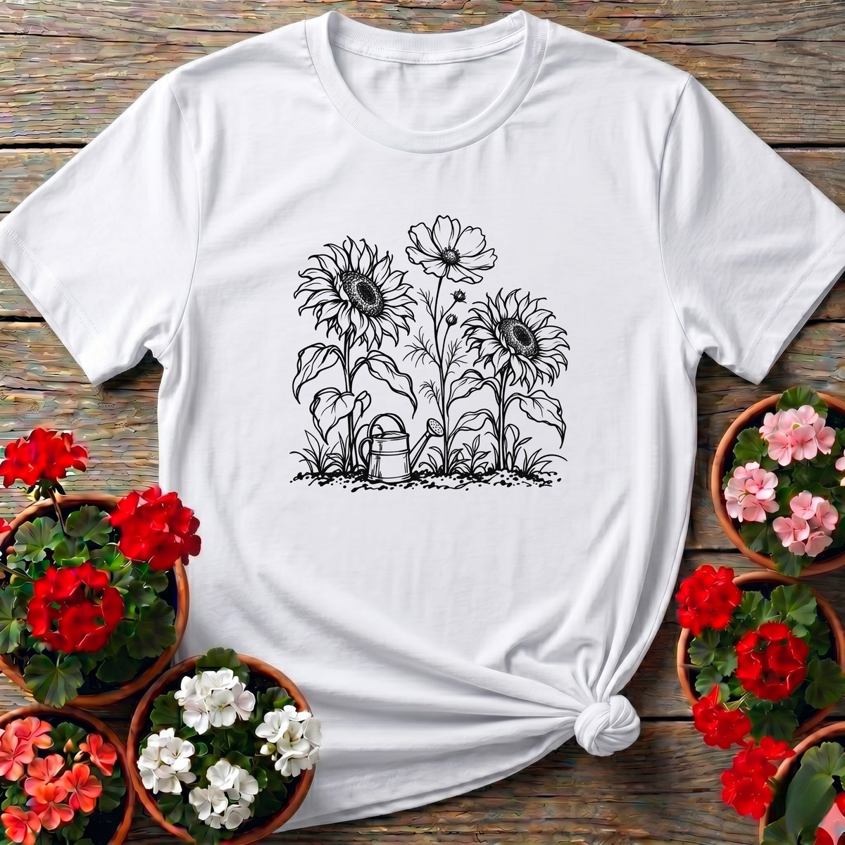 Sunflower Garden Line Art Gardening T-Shirt