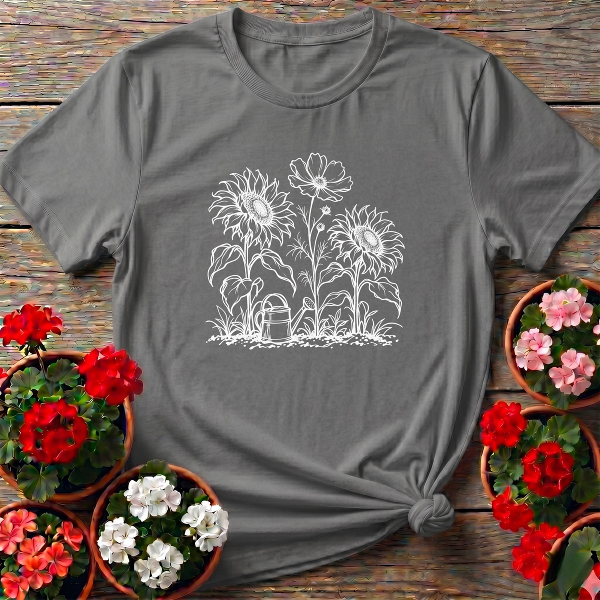 Sunflower Garden Line Art Gardening T-Shirt