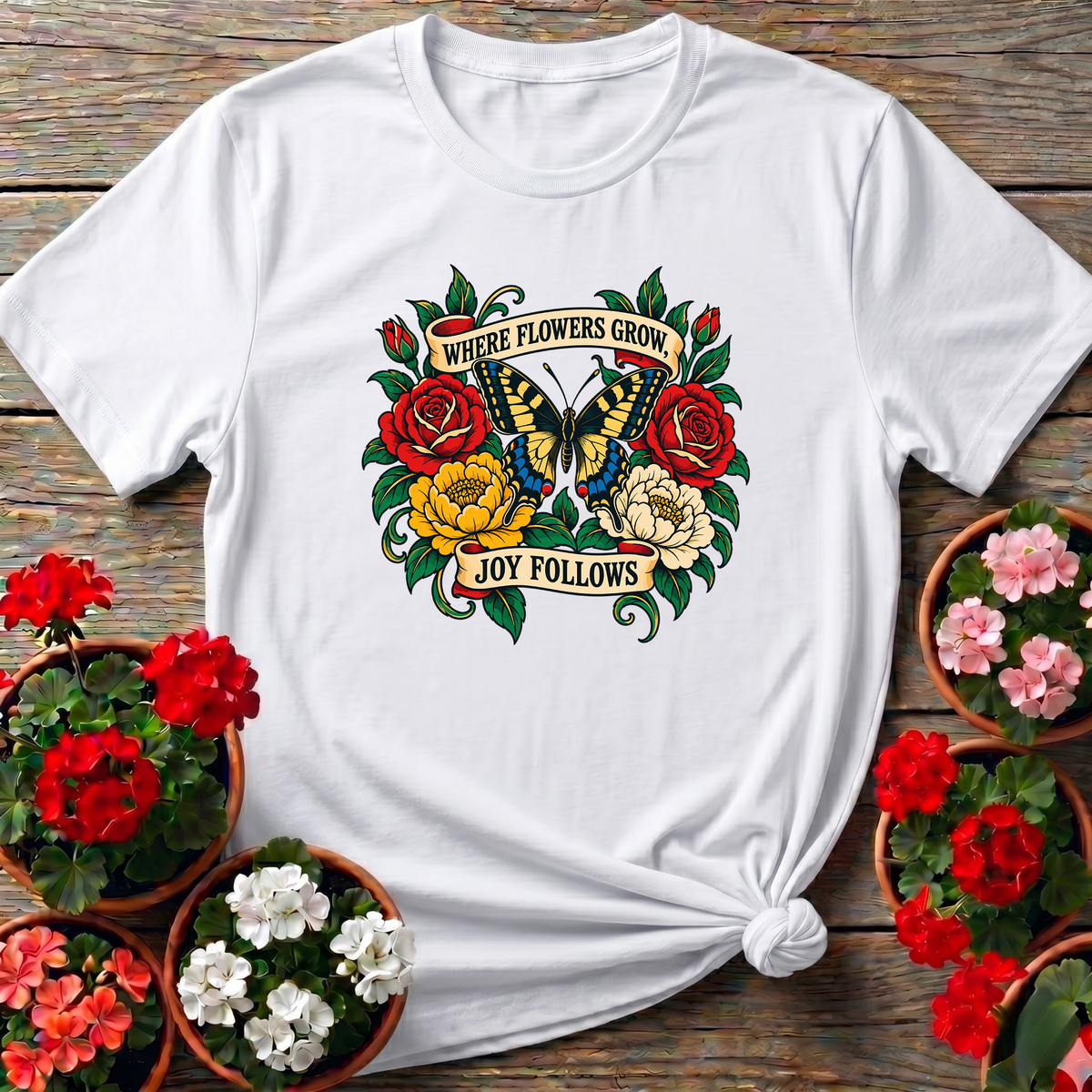 Where Flowers Grow Joy Follows Butterfly Garden Tee