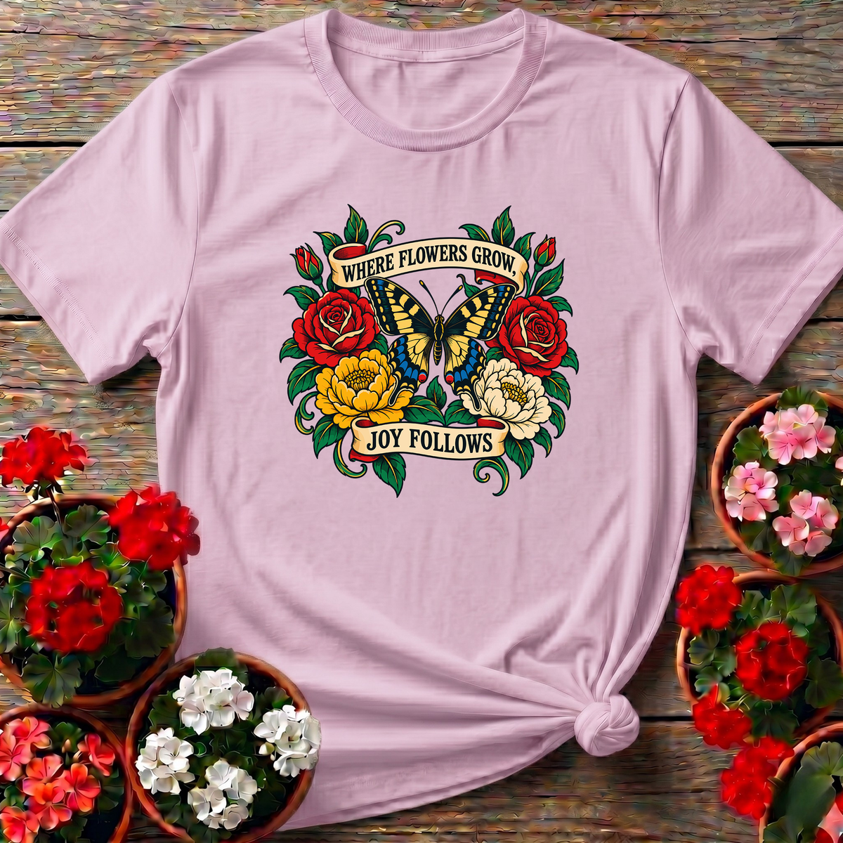 Where Flowers Grow Joy Follows Butterfly Garden Tee