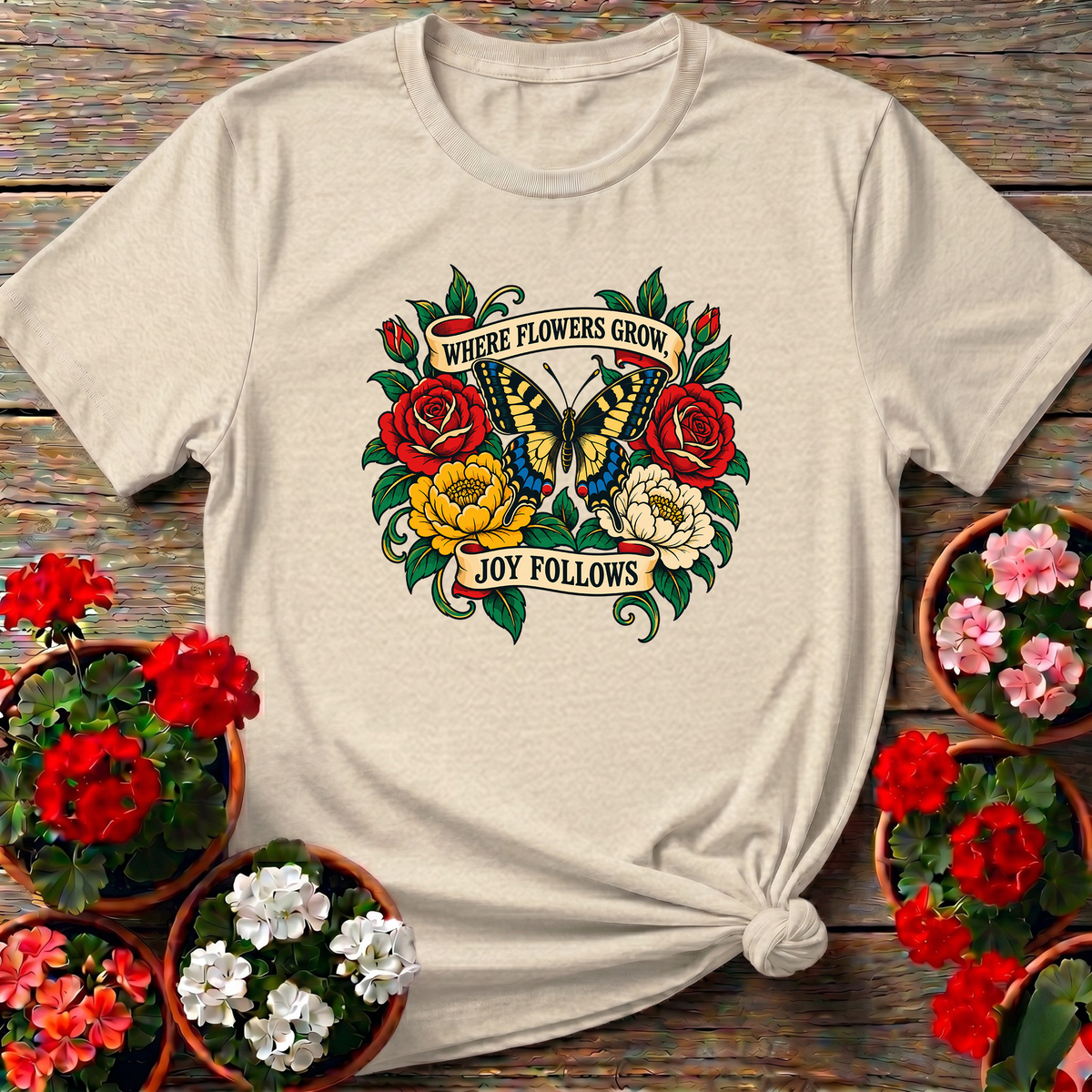 Where Flowers Grow Joy Follows Butterfly Garden Tee