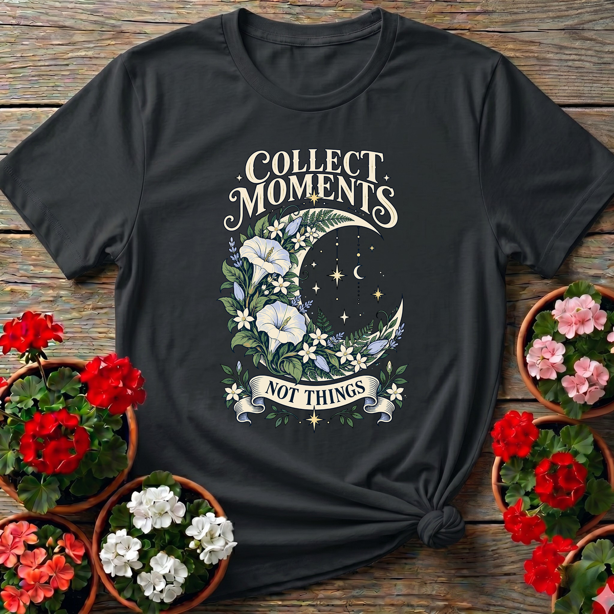 Collect Moments Not Things Floral Moon Gardening Tee