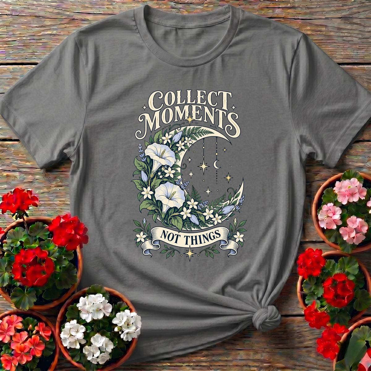 Collect Moments Not Things Floral Moon Gardening Tee