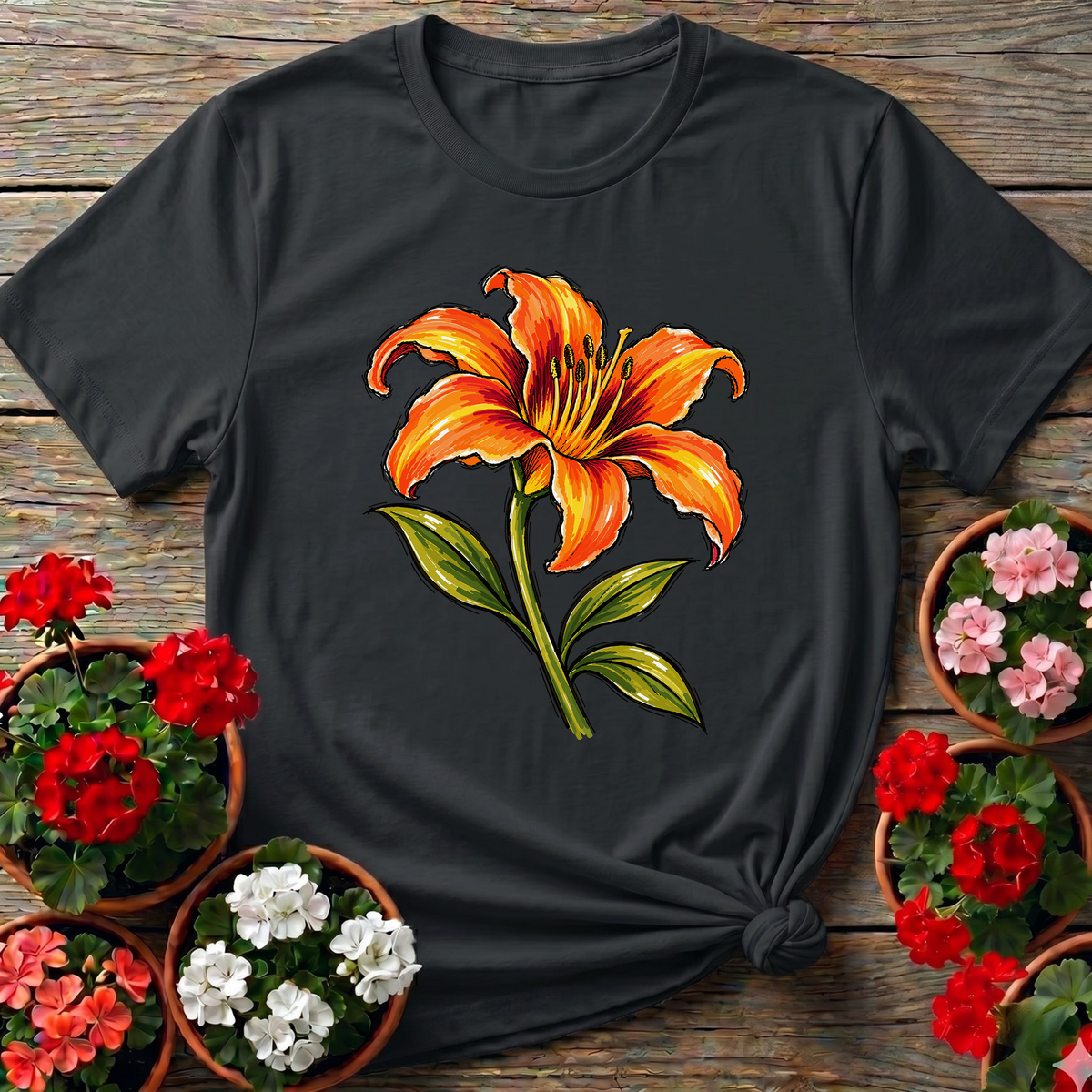 Orange Lily Marker Sketch Gardening T-Shirt