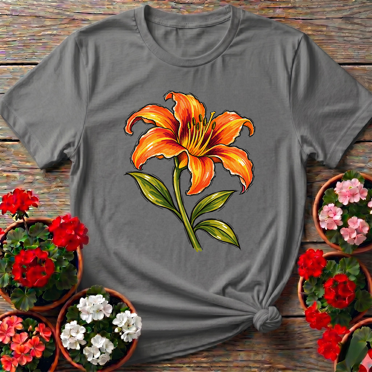 Orange Lily Marker Sketch Gardening T-Shirt