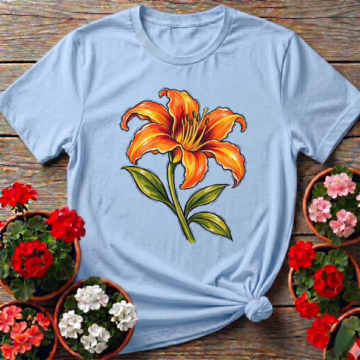 Orange Lily Marker Sketch Gardening T-Shirt